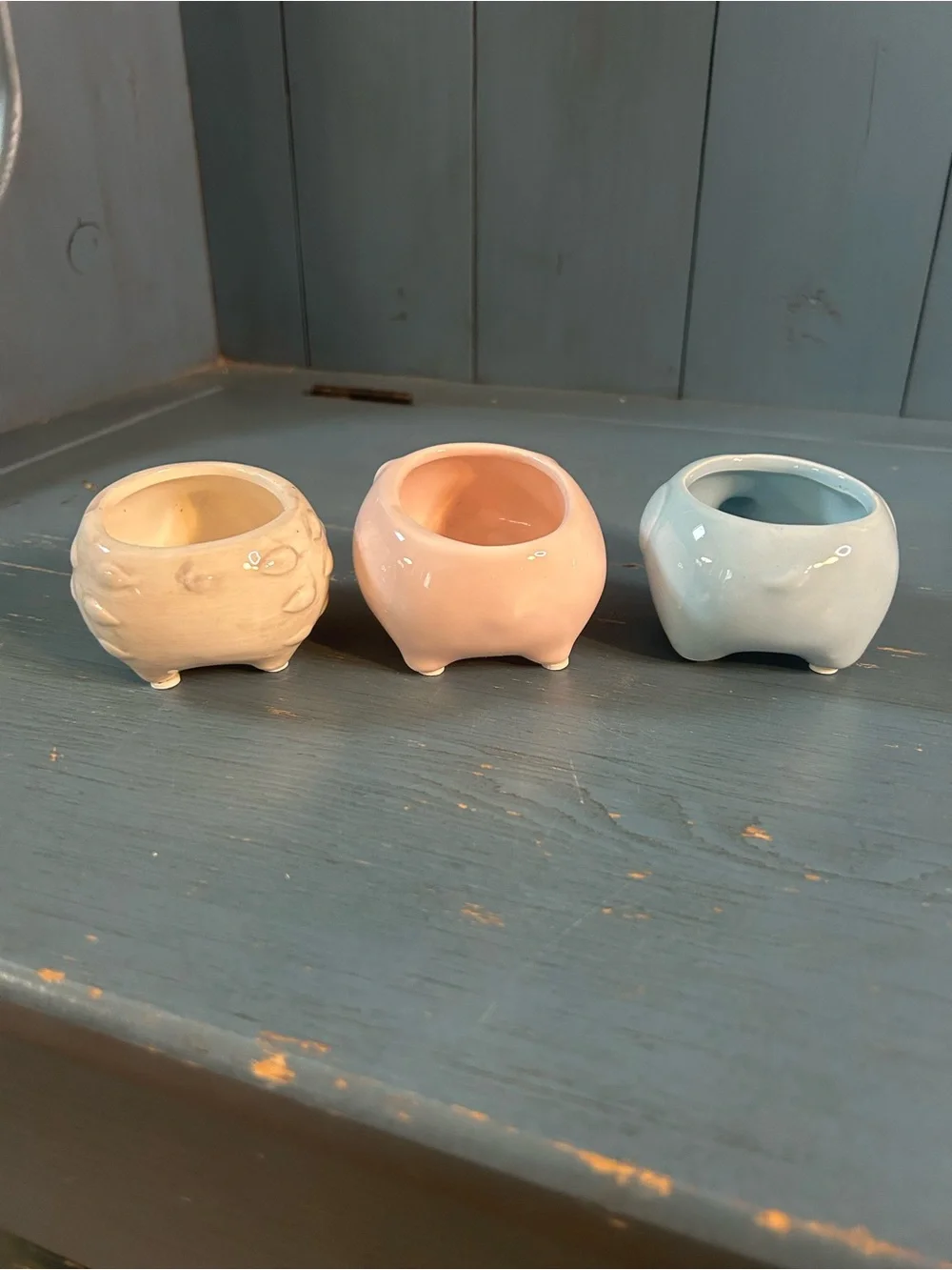Pastel Animal Ceramic Mini Planter Set - Pink Pig, Yellow Hedgehog, & Blue Elep